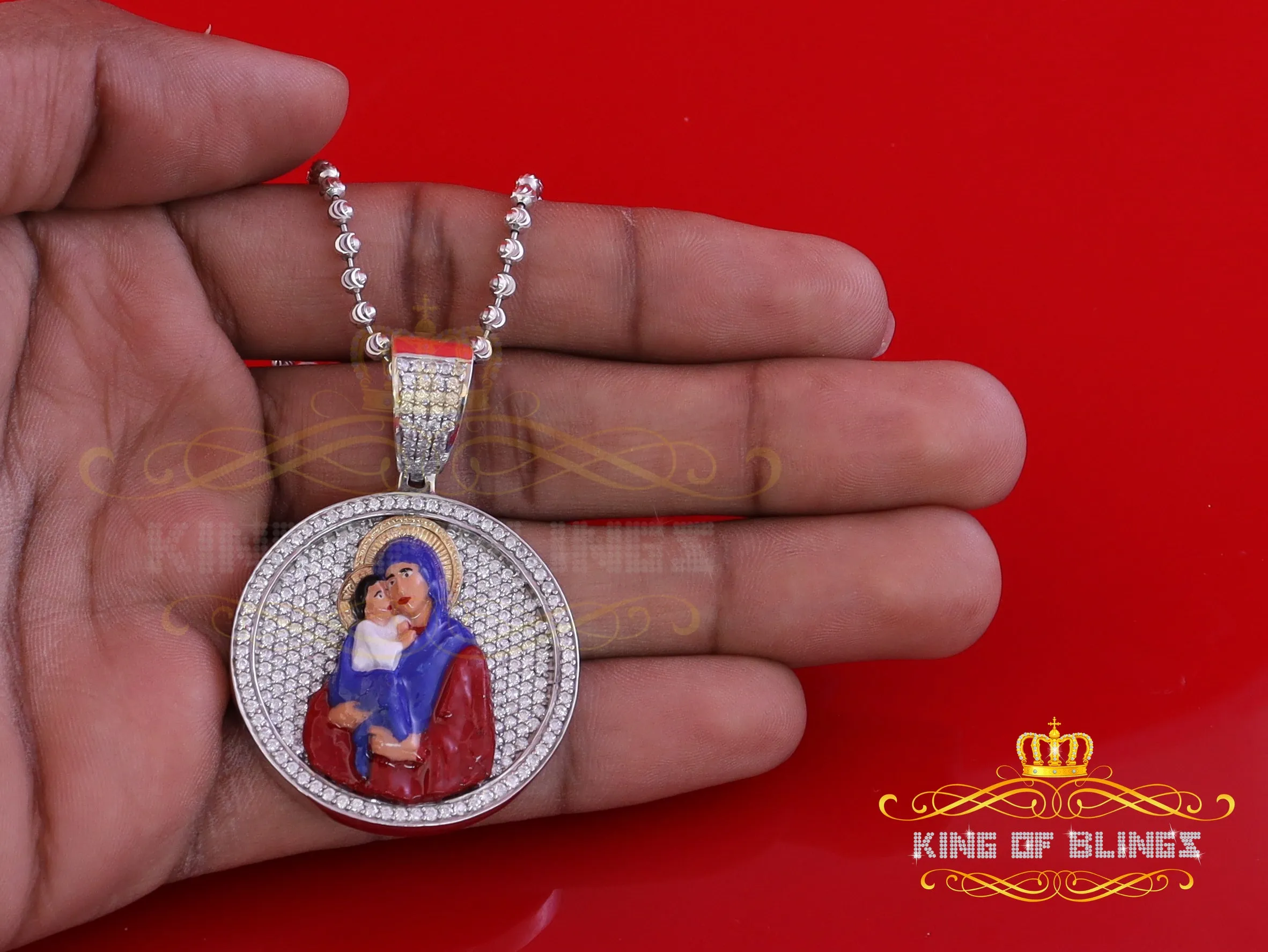 King Of Bling's 5.00ct Moissanite White 925 Silver Jesus & Mother Marry Round 1.50 inch Pendant