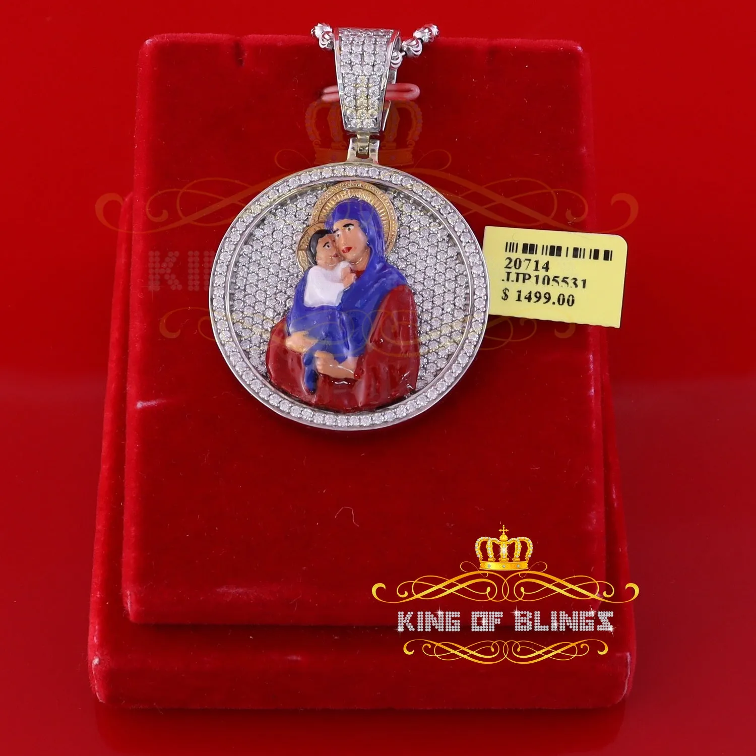 King Of Bling's 5.00ct Moissanite White 925 Silver Jesus & Mother Marry Round 1.50 inch Pendant