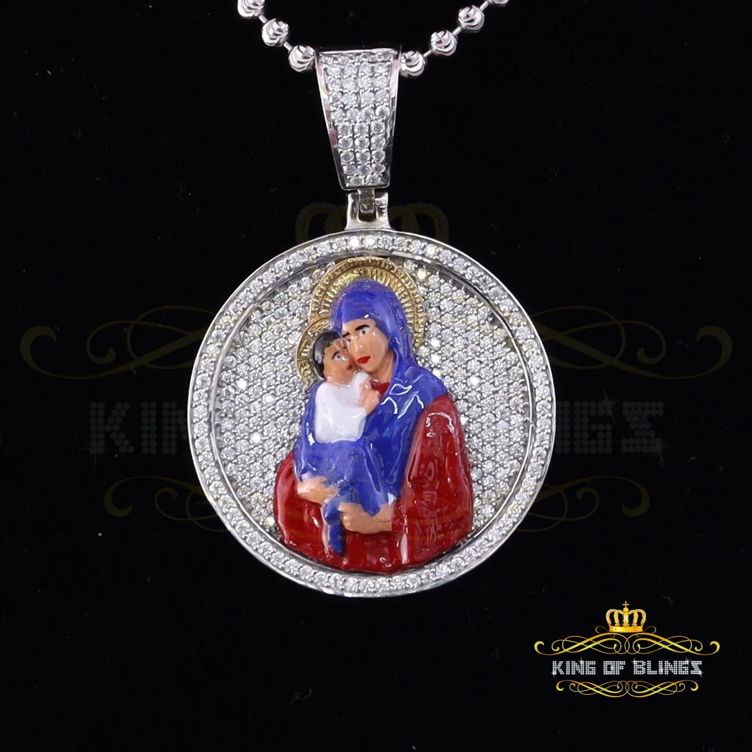 King Of Bling's 5.00ct Moissanite White 925 Silver Jesus & Mother Marry Round 1.50 inch Pendant