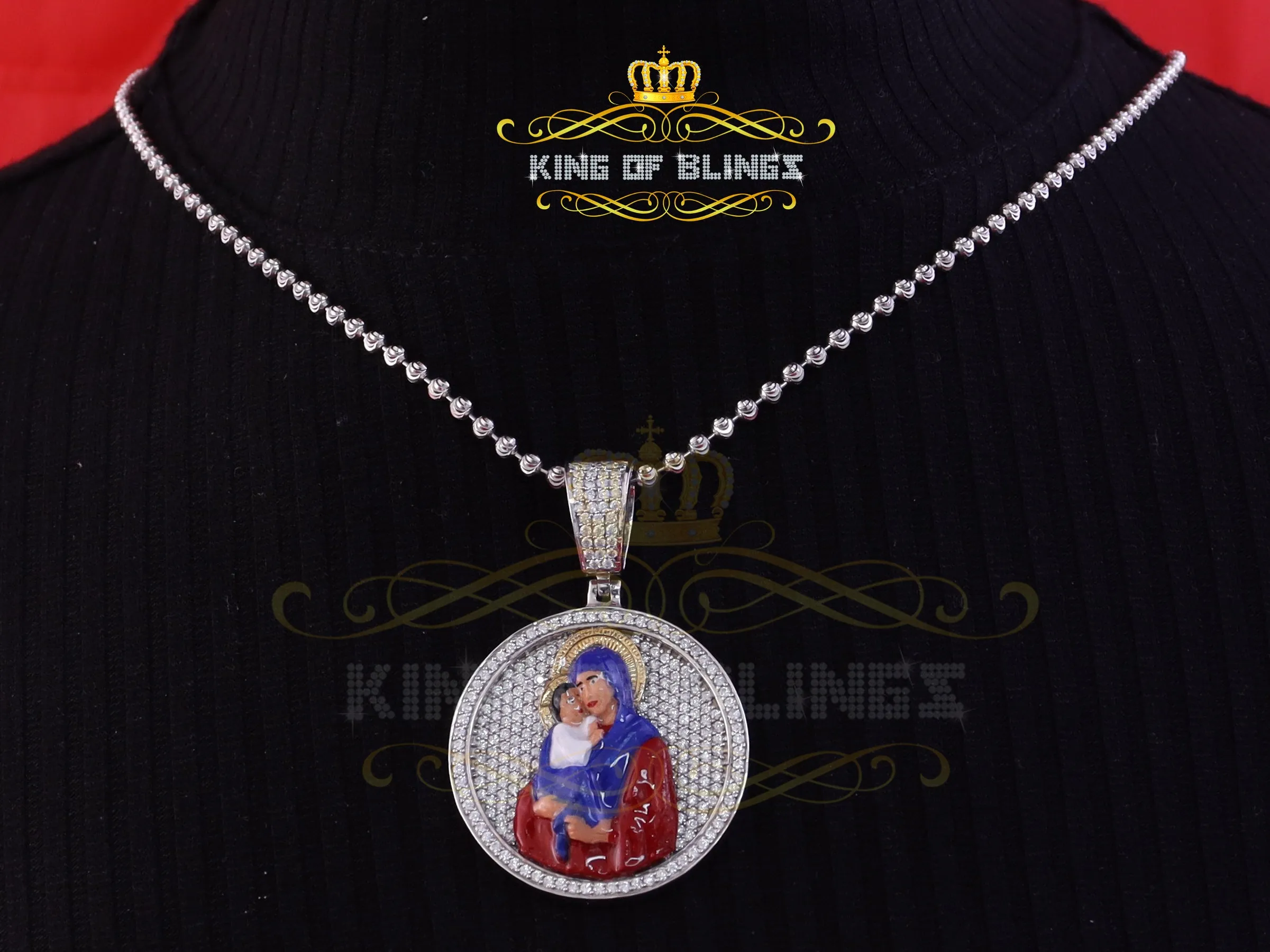 King Of Bling's 5.00ct Moissanite White 925 Silver Jesus & Mother Marry Round 1.50 inch Pendant