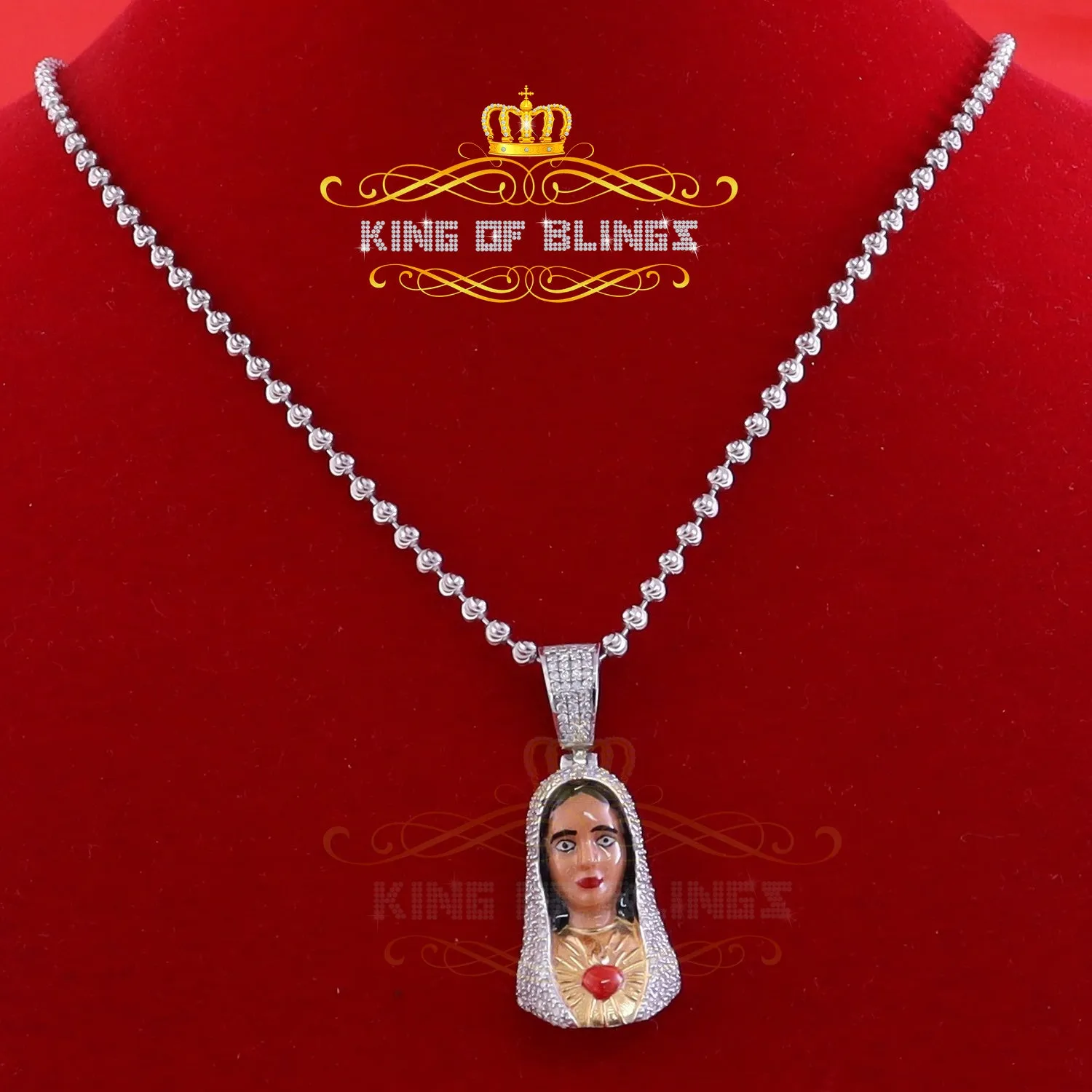 King Of Bling's 925 Silver White Immaculate Heart MOTHER MARY 1.70 inch Pendant 3ct Moissanite