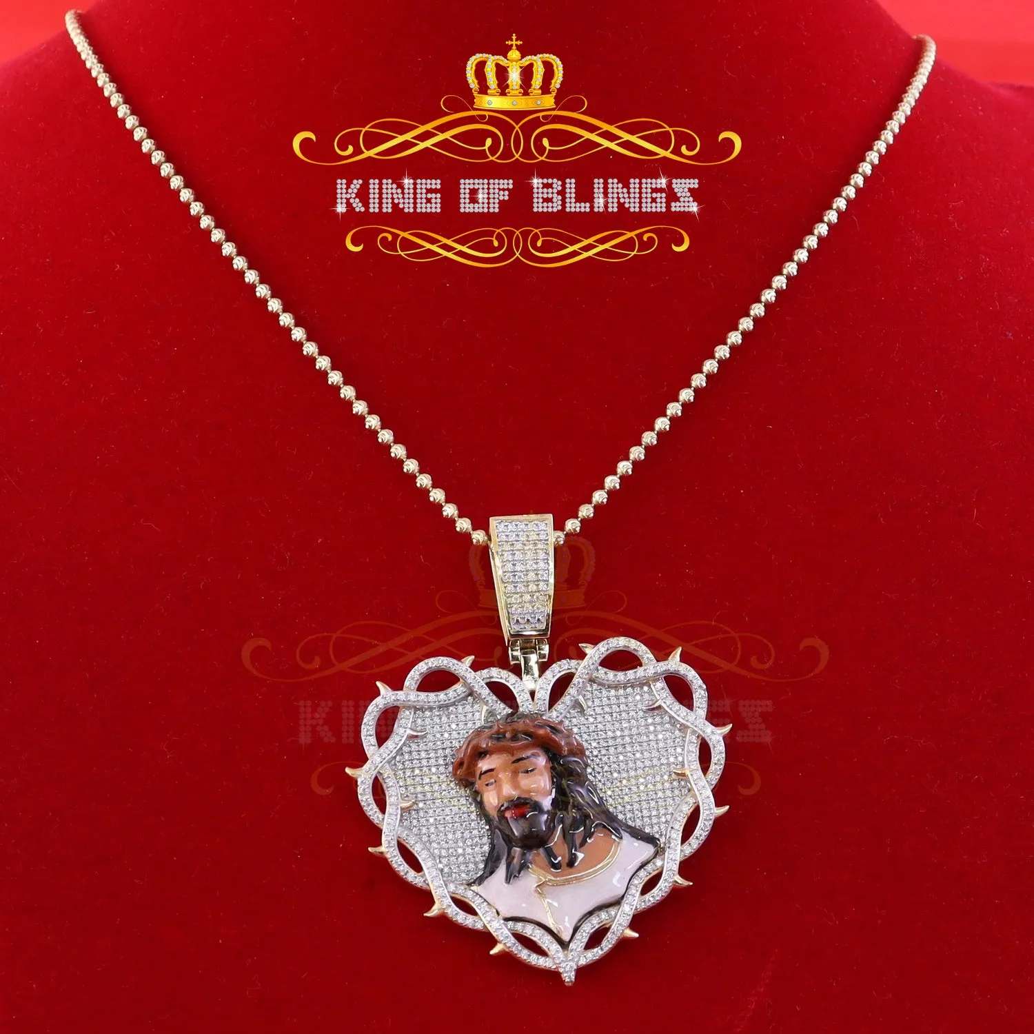 King Of Bling's KOB 'S 925 Silver 2.00ct Moissanite 1.65 inch Yellow Thorn Heart Jesus Pendant