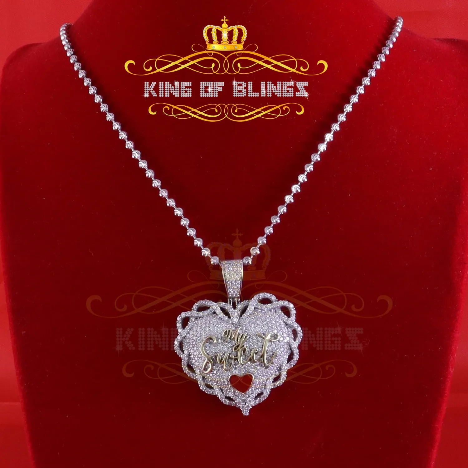 King Of Bling's SWEET HEART heart Shape 1.50 inch 6ct Real Moissanite 925 Silver White Pendant