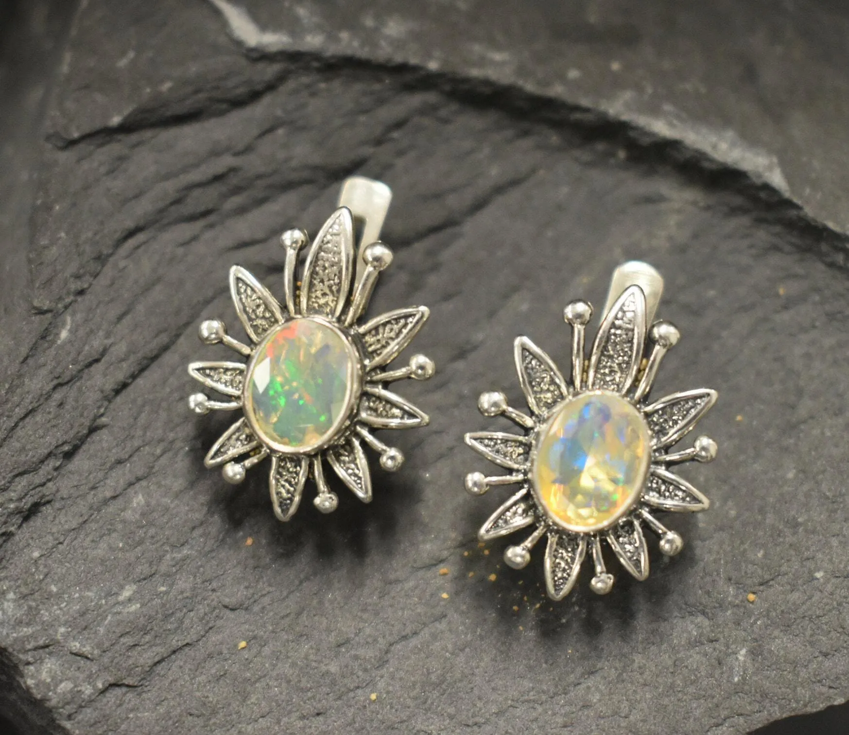 Large Opal Flower Earrings - Natural Opal Earrings - Vintage Statement Earrings