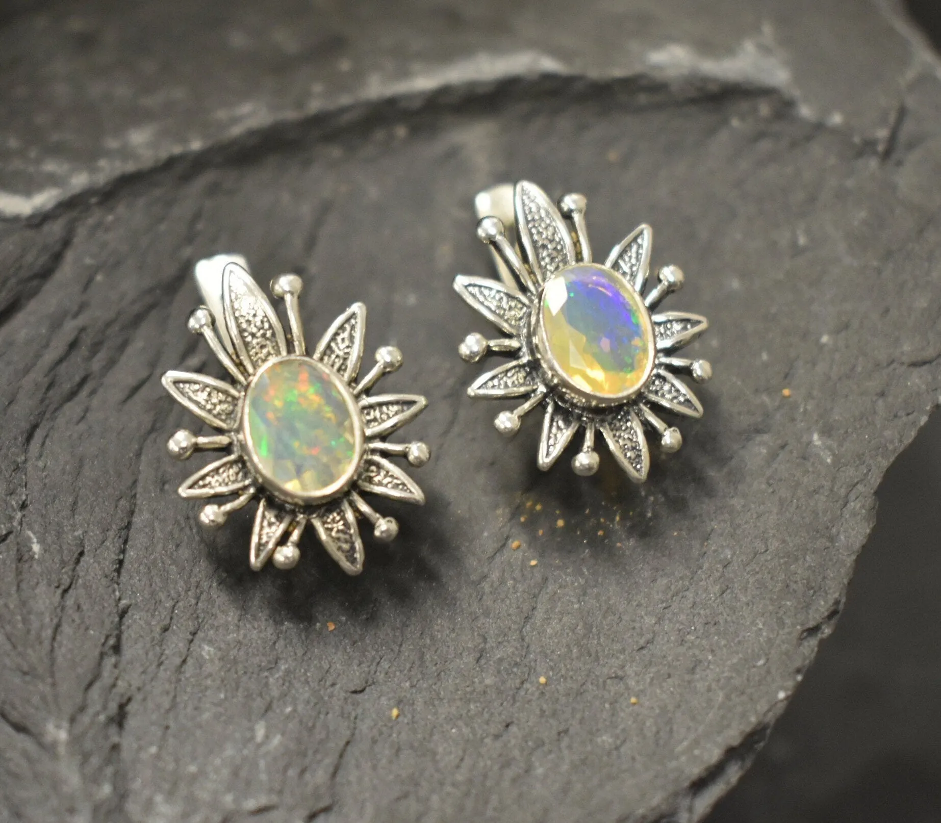 Large Opal Flower Earrings - Natural Opal Earrings - Vintage Statement Earrings