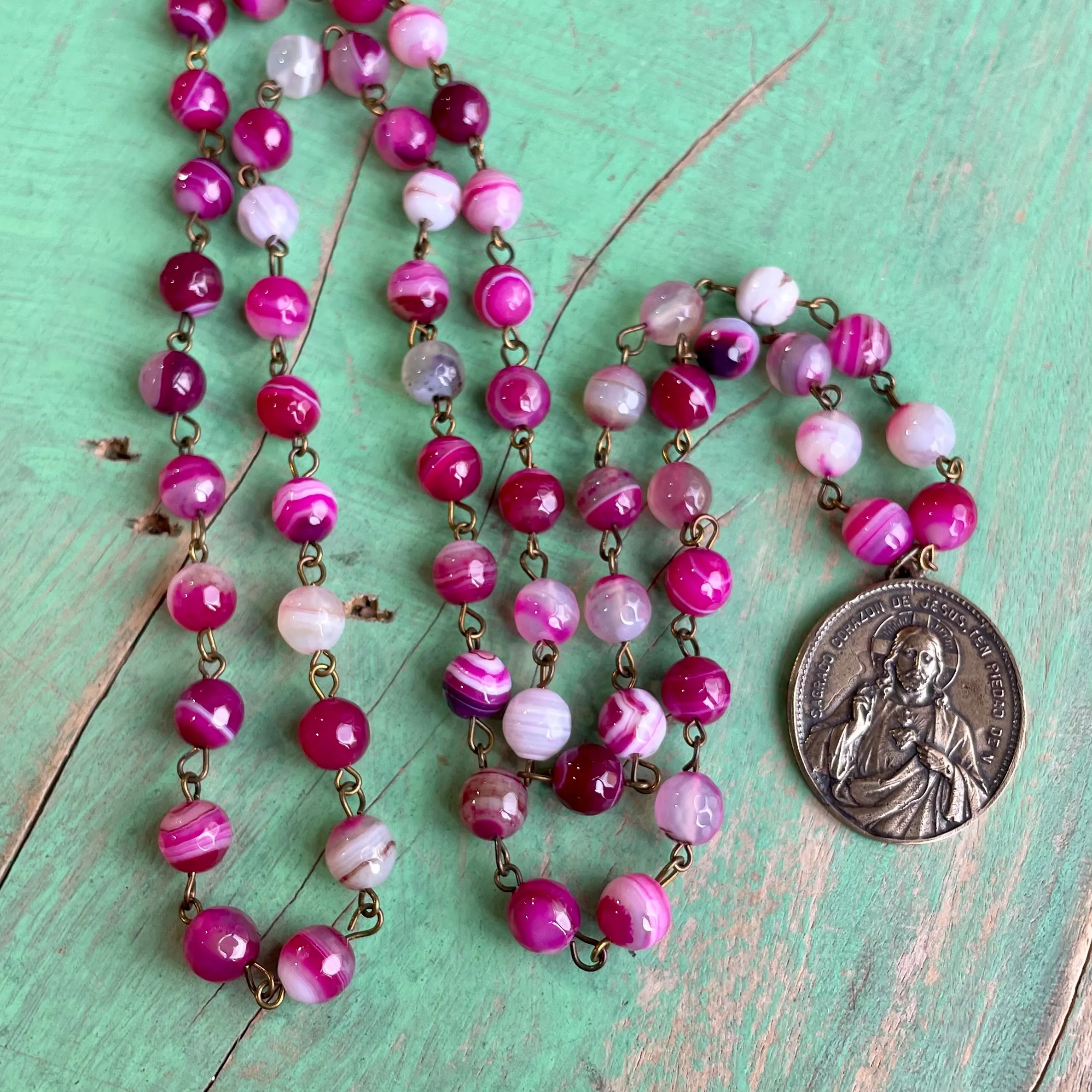 Long Agate Beaded Mary/Jesus Necklace and Earrings