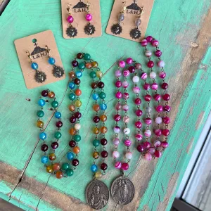 Long Agate Beaded Mary/Jesus Necklace and Earrings