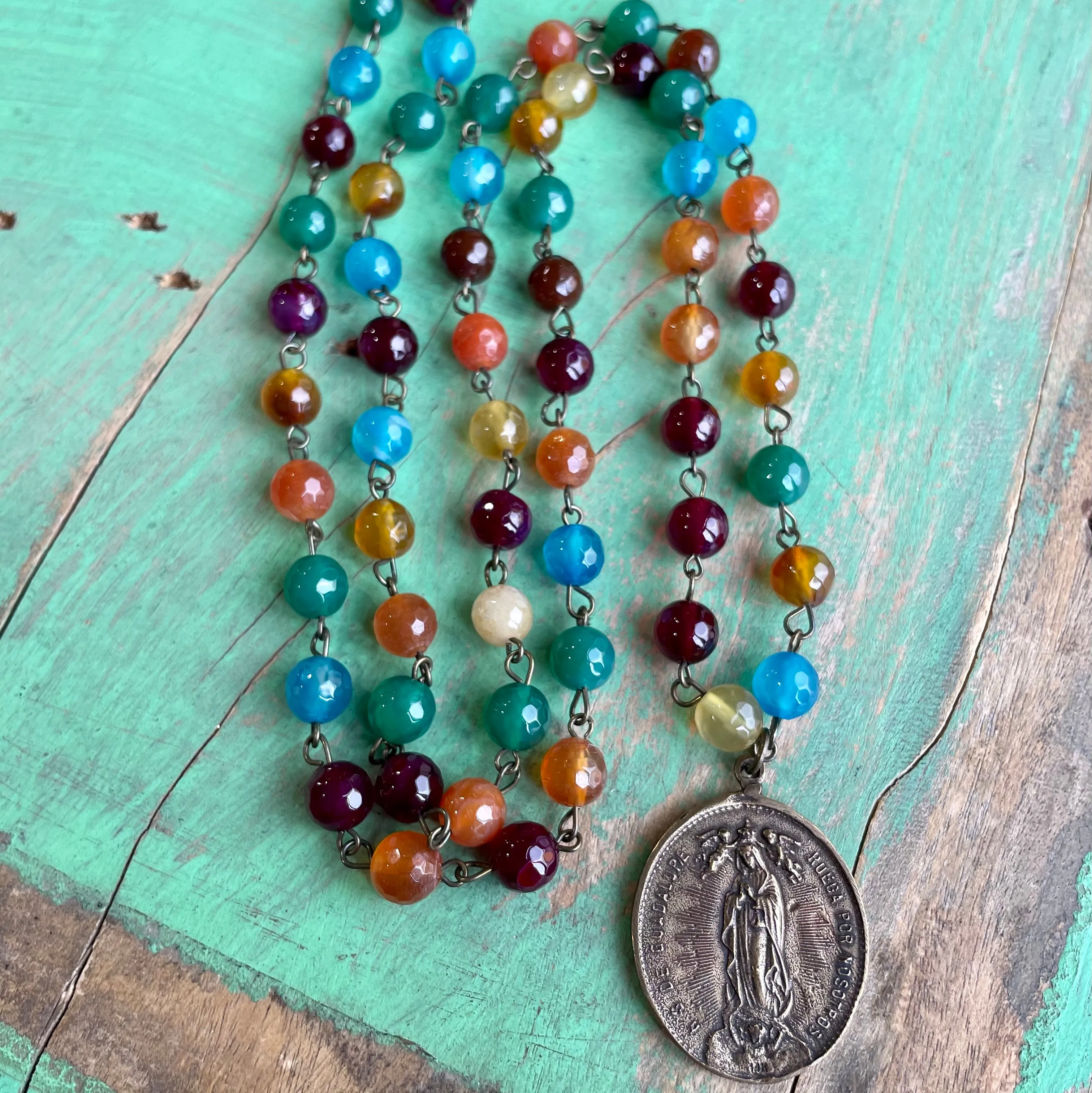 Long Agate Beaded Mary/Jesus Necklace and Earrings