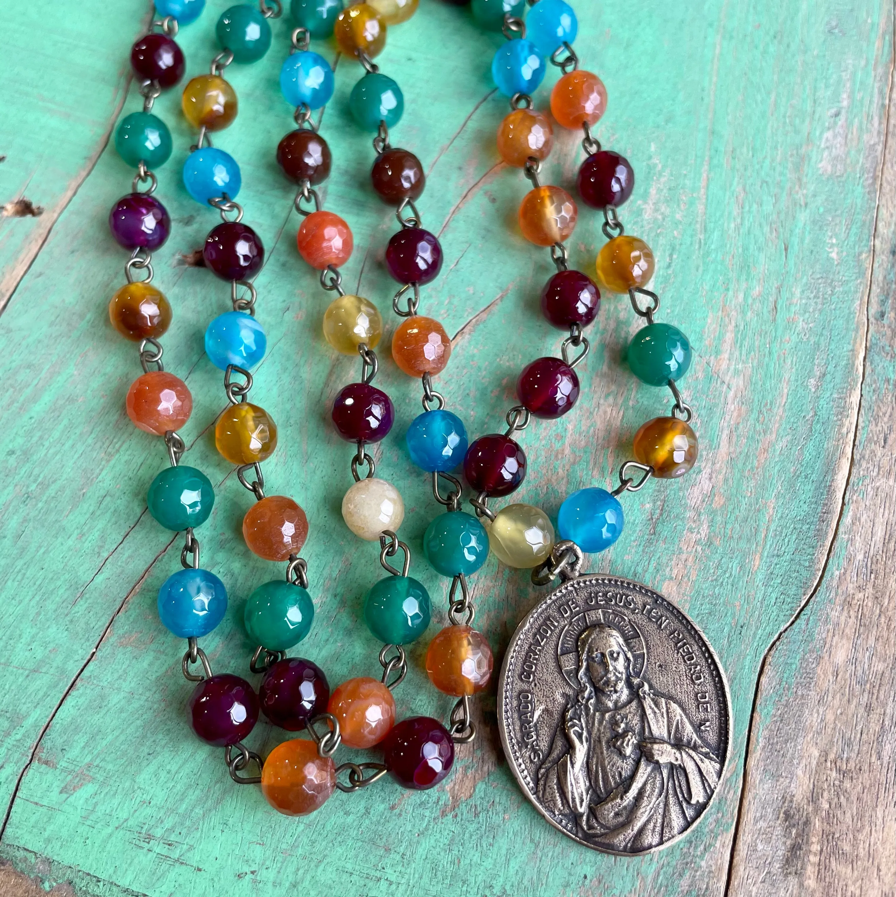 Long Agate Beaded Mary/Jesus Necklace and Earrings