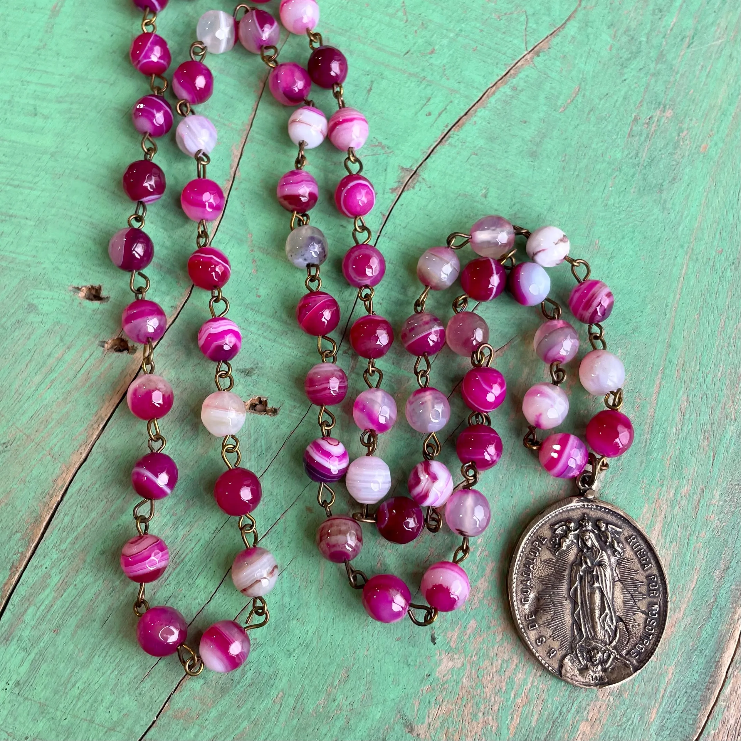 Long Agate Beaded Mary/Jesus Necklace and Earrings