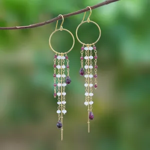 Luxurious Rain Gold Plated Garnet and Rainbow Moonstone Waterfall Earrings