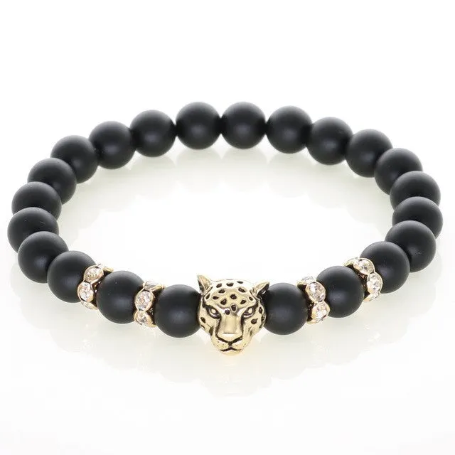 Men Bracelets Gold Plated Leopard Charm Bracelet Matte Onyx Natural Stones For Women Man Fashion Jewelry