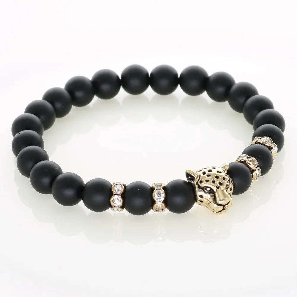 Men Bracelets Gold Plated Leopard Charm Bracelet Matte Onyx Natural Stones For Women Man Fashion Jewelry