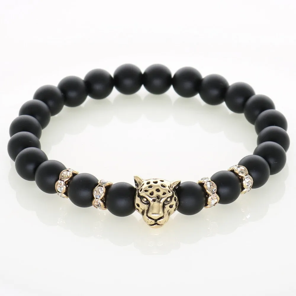 Men Bracelets Gold Plated Leopard Charm Bracelet Matte Onyx Natural Stones For Women Man Fashion Jewelry