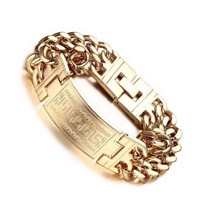 Men's 316L Stainless Steel Jewelry Great Wall Pattern 18K Gold Plated Double Hand Chain Men Bracelet For Male