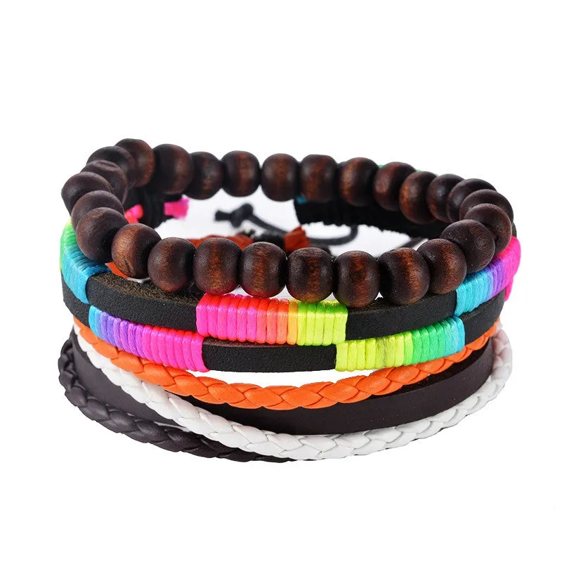 Multilayer Leather Bracelet Men Jewelry Boho Rock Wood Bead Bracelets For Women Love Vintage Bracelets & Bangles