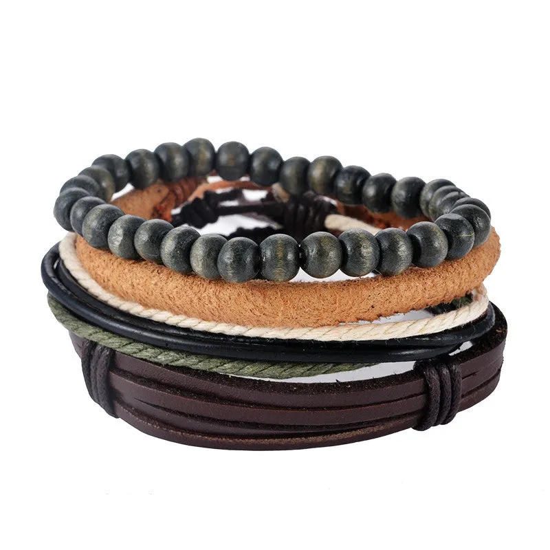 Multilayer Leather Bracelet Men Jewelry Boho Rock Wood Bead Bracelets For Women Love Vintage Bracelets & Bangles