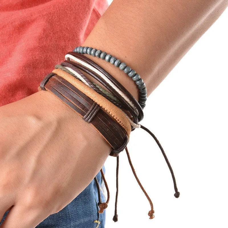 Multilayer Leather Bracelet Men Jewelry Boho Rock Wood Bead Bracelets For Women Love Vintage Bracelets & Bangles