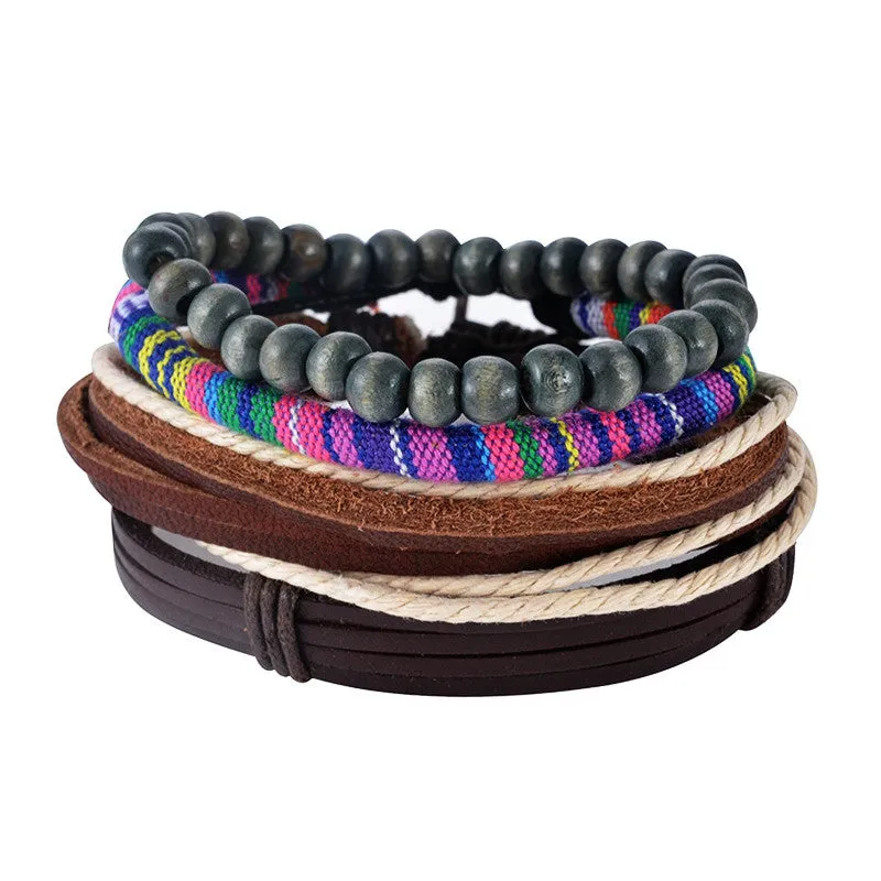 Multilayer Leather Bracelet Men Jewelry Boho Rock Wood Bead Bracelets For Women Love Vintage Bracelets & Bangles