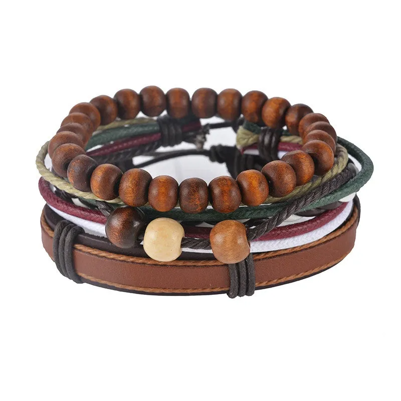 Multilayer Leather Bracelet Men Jewelry Boho Rock Wood Bead Bracelets For Women Love Vintage Bracelets & Bangles