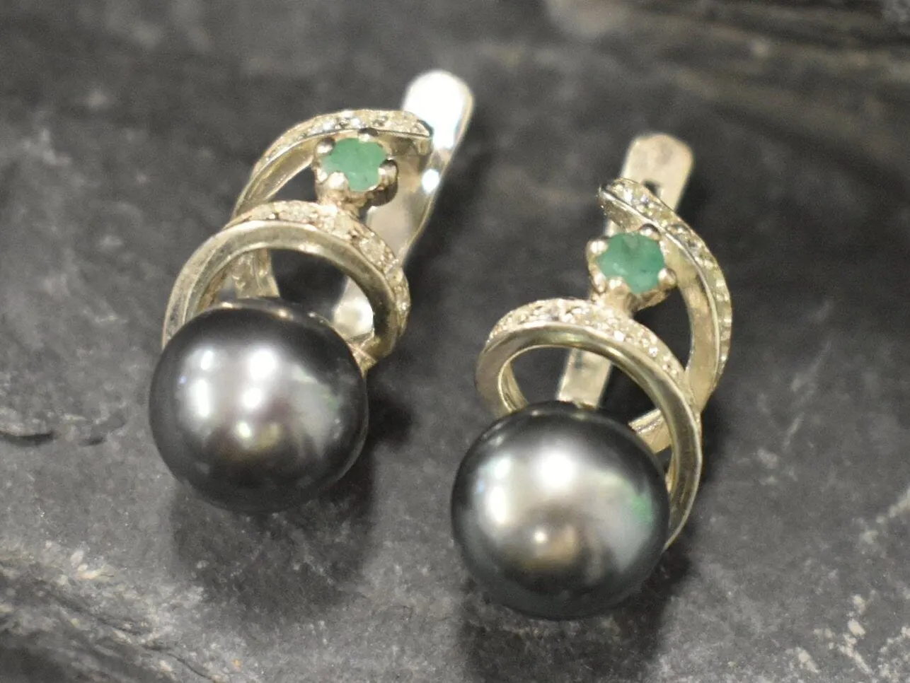 Natural Black Pearl Earrings - Large Vintage Studs - June Birthstone Earrings