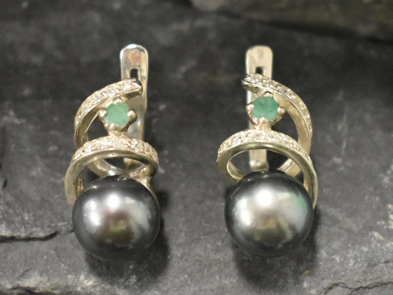 Natural Black Pearl Earrings - Large Vintage Studs - June Birthstone Earrings