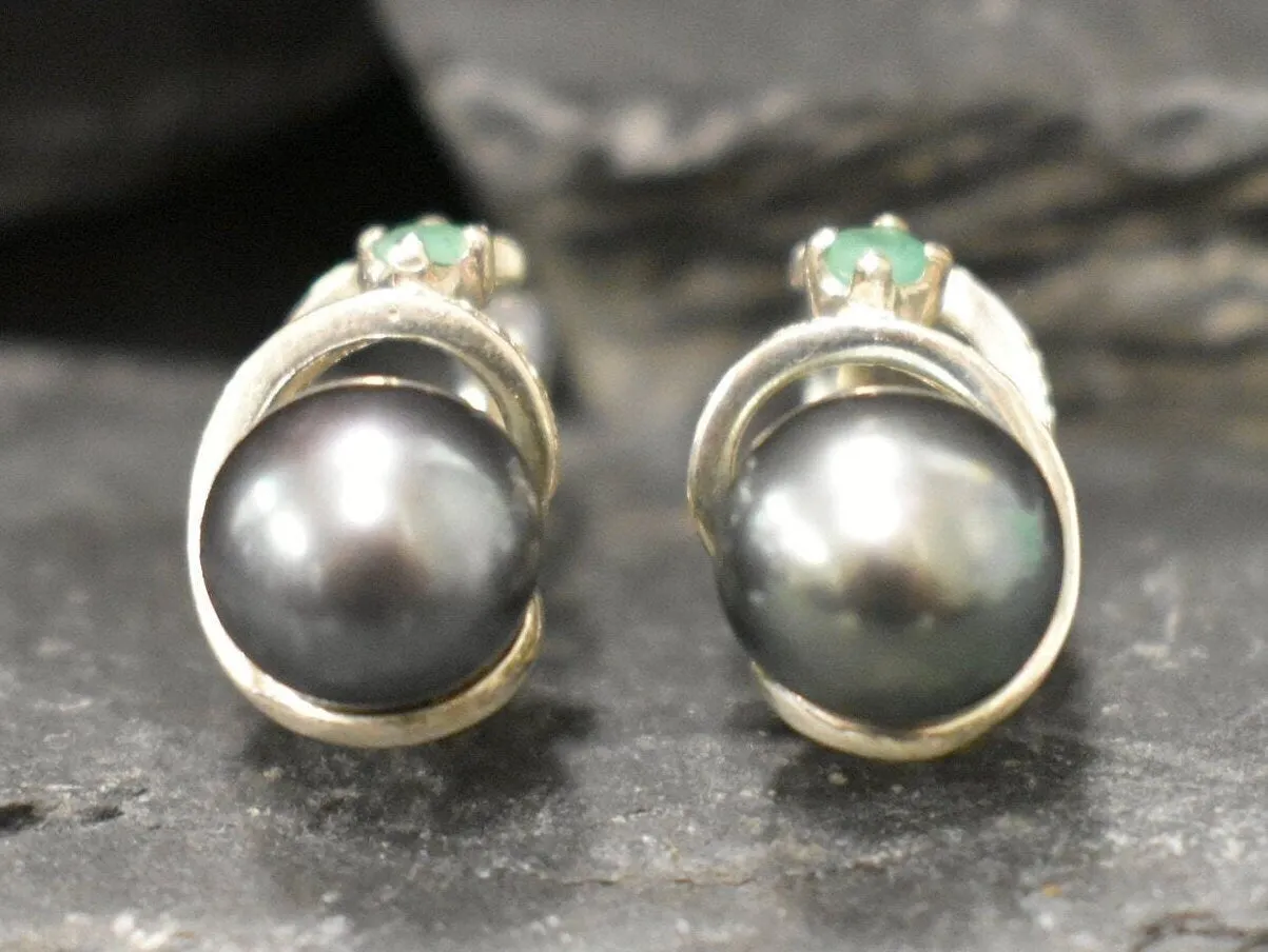 Natural Black Pearl Earrings - Large Vintage Studs - June Birthstone Earrings