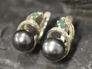 Natural Black Pearl Earrings - Large Vintage Studs - June Birthstone Earrings