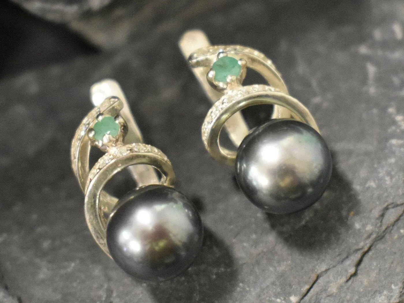 Natural Black Pearl Earrings - Large Vintage Studs - June Birthstone Earrings