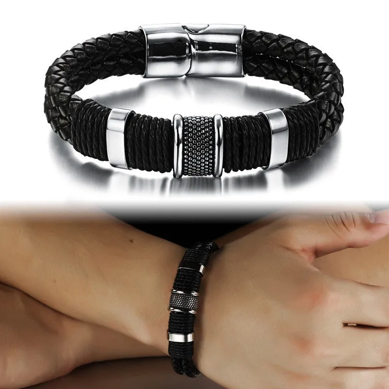 New Fashion Fine Jewelry Tide Men Leather Titanium Steel Male Vintage Bracelet