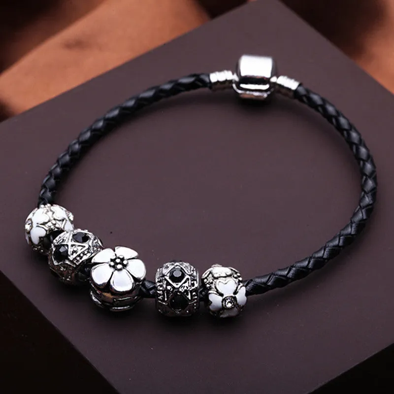 NEW FASHION Unique 925 Bracelet Women Leather Vintage Silver Charm Original Bracelet Leather for Women Fashion Imitation Jewelry