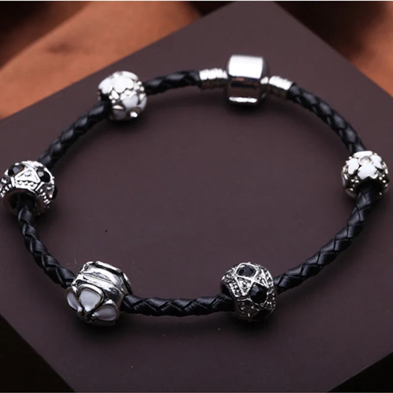 NEW FASHION Unique 925 Bracelet Women Leather Vintage Silver Charm Original Bracelet Leather for Women Fashion Imitation Jewelry