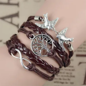 New Infinity Love Leather Owl Leaf Charm Handmade Bracelet