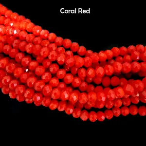 OPAQUE SOLID COLOR GLASS BEADS STRANDS, FACETED, RONDELLE, CORAL RED 6X5MM, HOLE: 1MM; ABOUT 80PCS/STRAND, 16~16.5"(42.5~43.75CM)