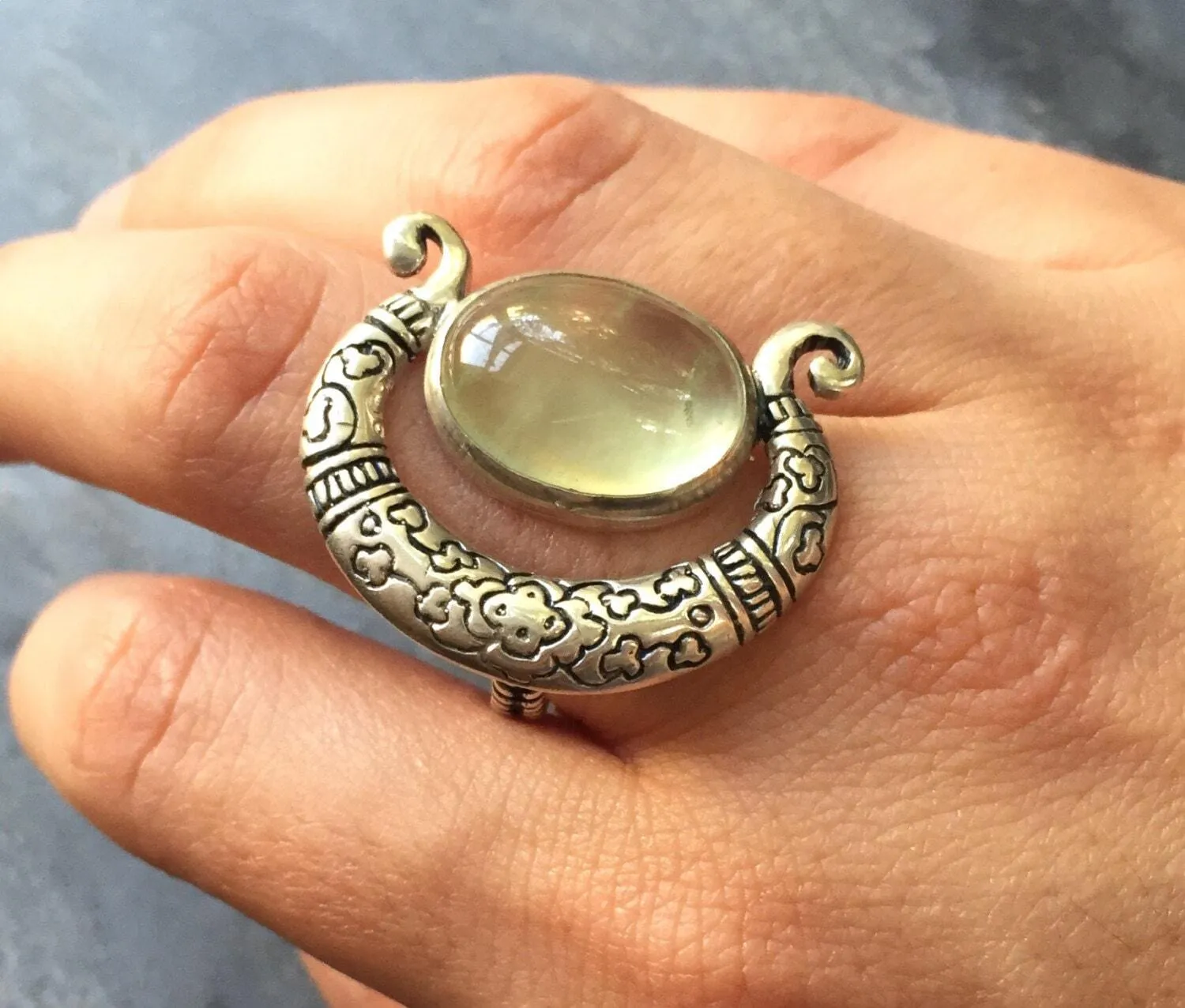 Prehnite Ring - Ancient Egyptian Ring - Tribal Statement Ring