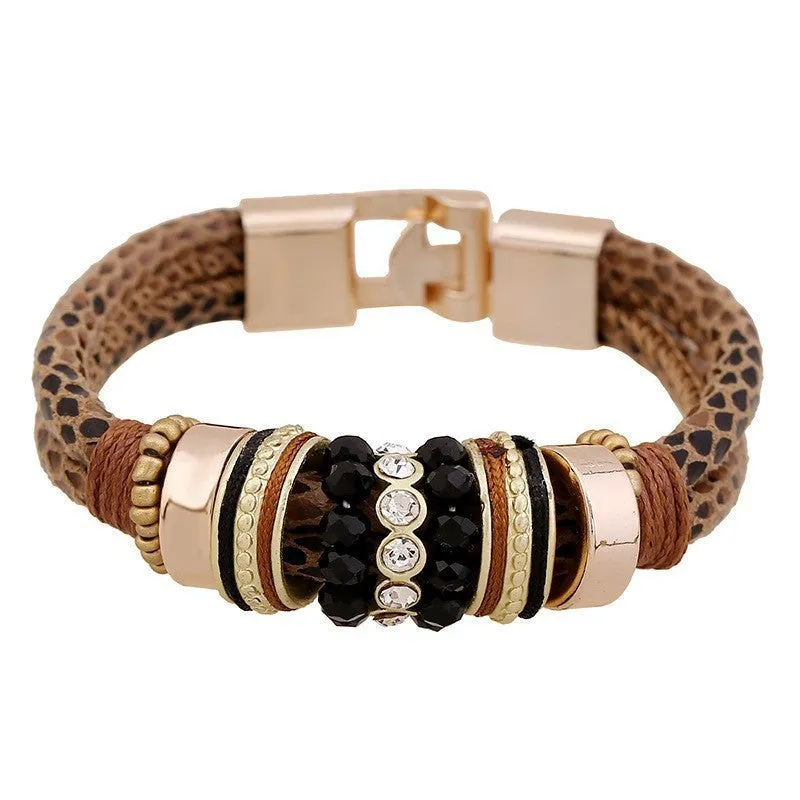 Punk Fashion Leopard Snake Leather Bracelet for Women Men Gold Magnet Buckle with Crystal Beads Circle Bracelets Bangles bijoux