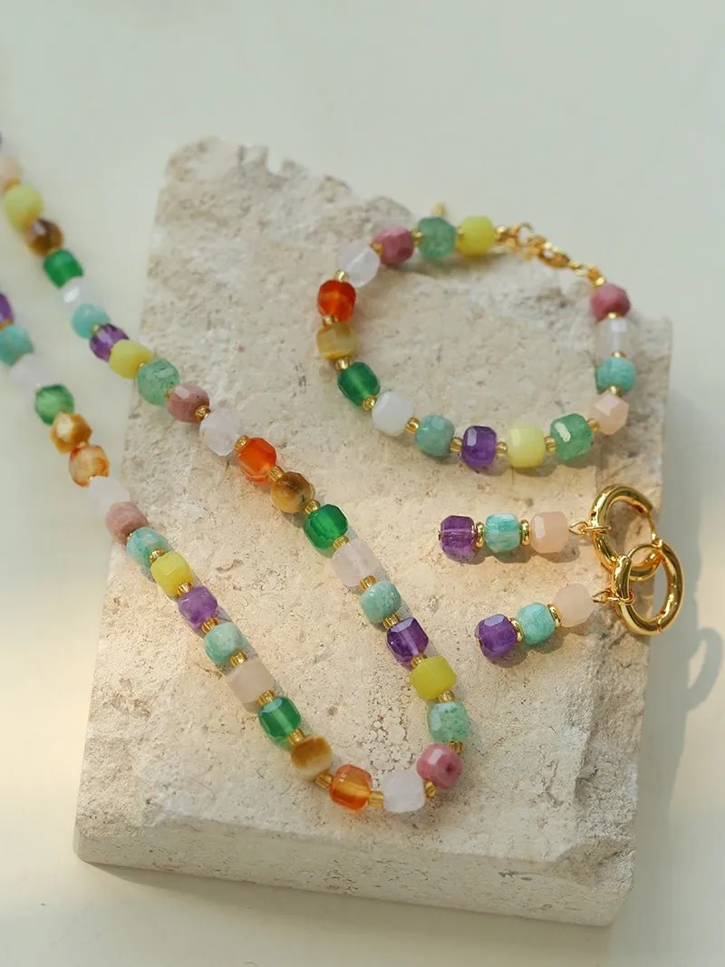 Rainbow Candy Cube Gemstone Beaded Necklace