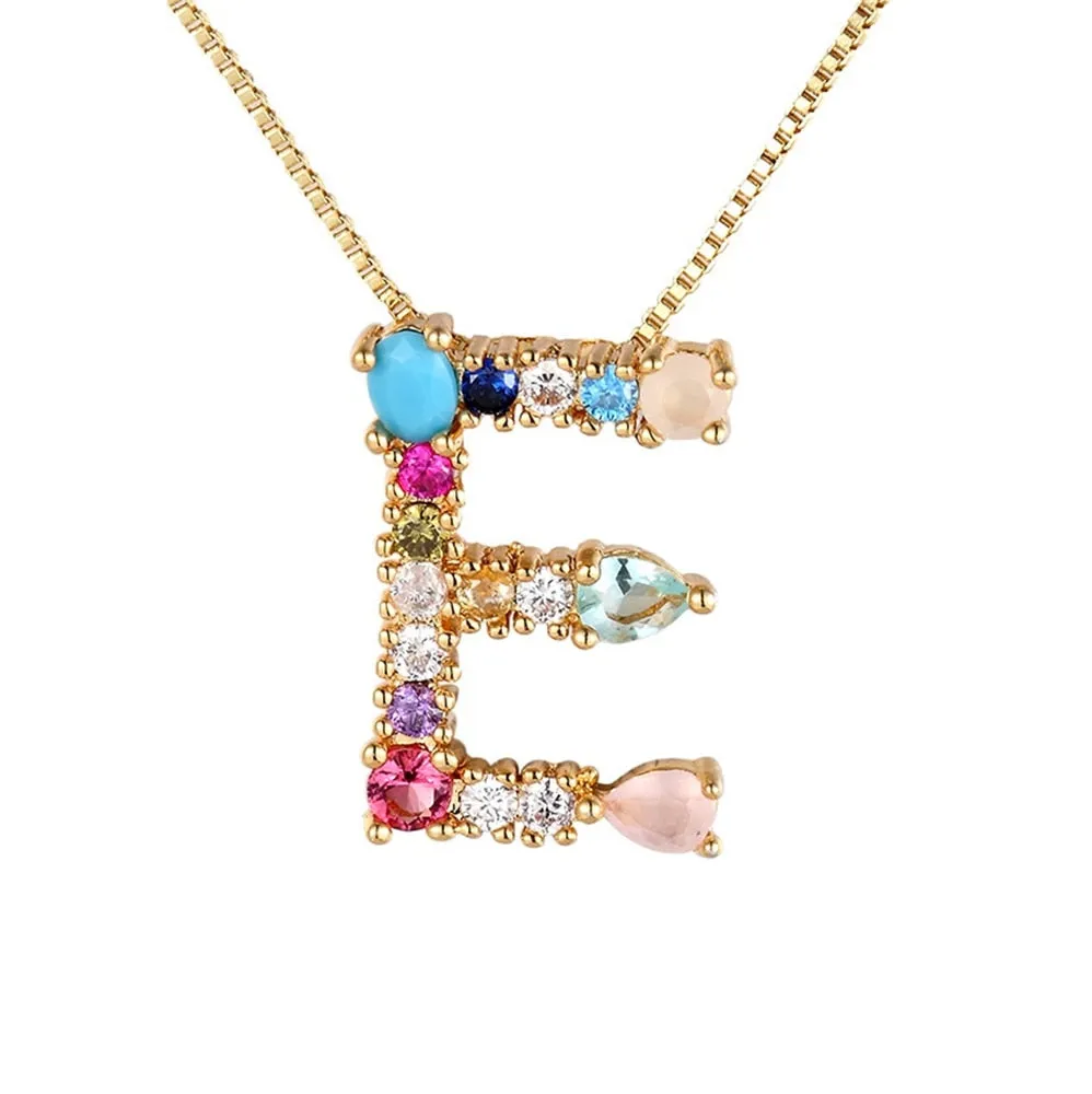 Rainbow Gemstone Necklace with Initial A-z for Women in Gold Color