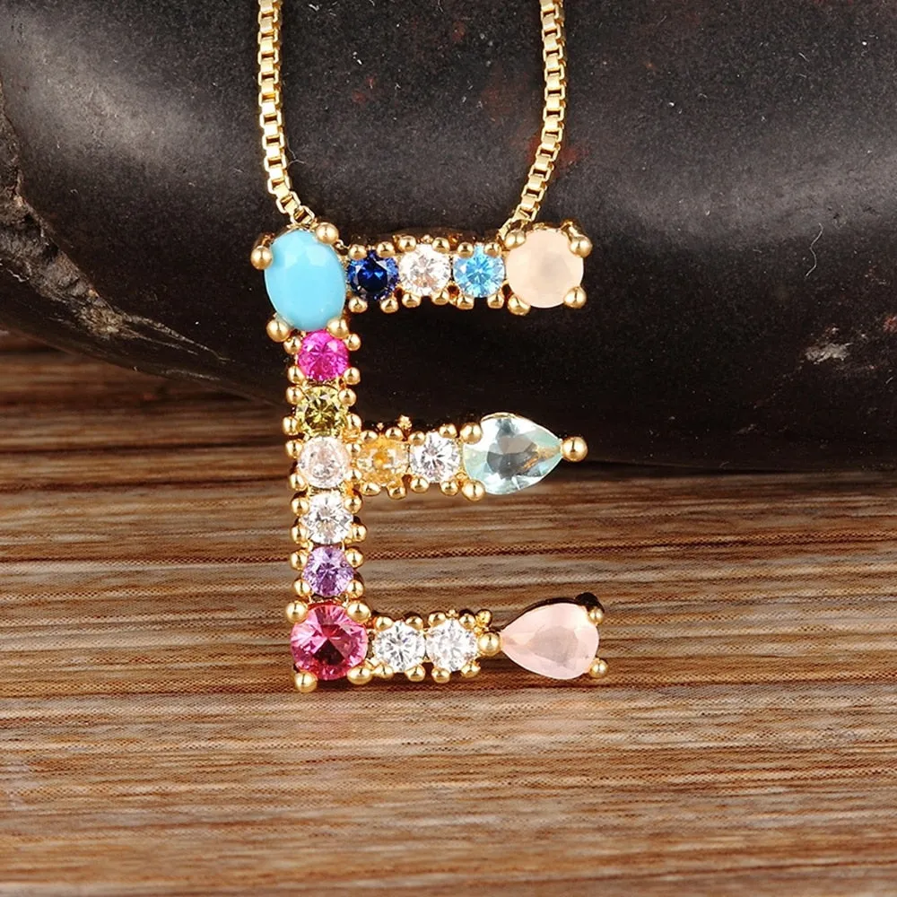 Rainbow Gemstone Necklace with Initial A-z for Women in Gold Color