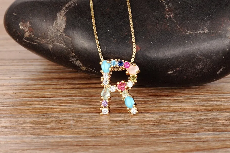 Rainbow Gemstone Necklace with Initial A-z for Women in Gold Color