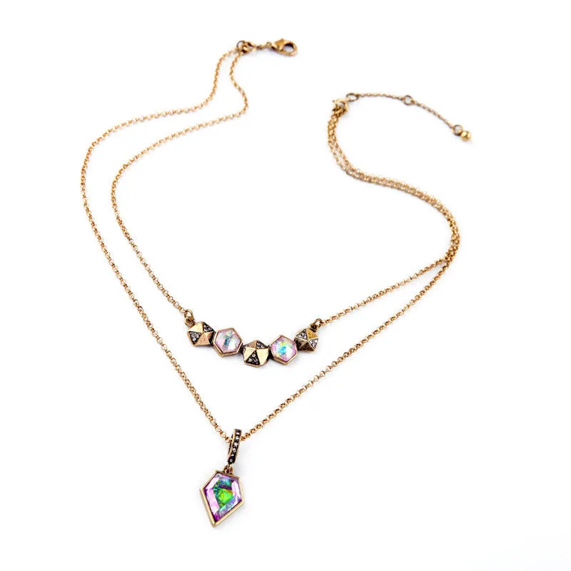 Retro Rhombus Multicolor Imitation Gems Concise Style Female Pendant Necklace