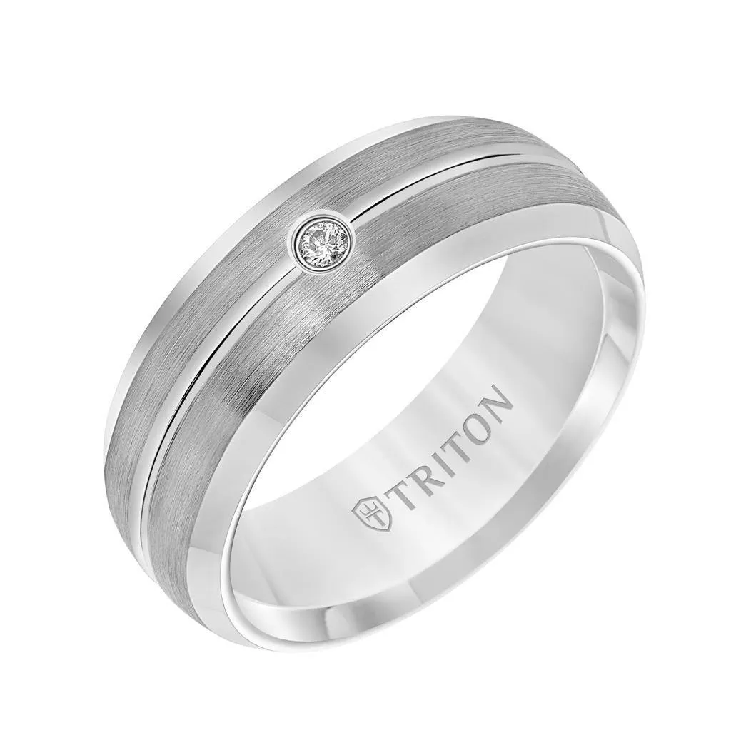 RODRIGO Satin Finished White Tungsten Carbide Wedding Band with Polished Bevels Center Groove and Diamond Setting by Triton Rings - 8mm