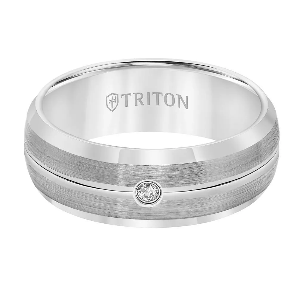 RODRIGO Satin Finished White Tungsten Carbide Wedding Band with Polished Bevels Center Groove and Diamond Setting by Triton Rings - 8mm