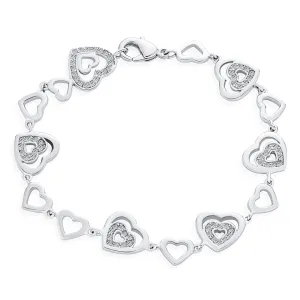 Romantic Bridal Tennis Bracelet with Clear CZ Hearts Silver Plated 7 Inch