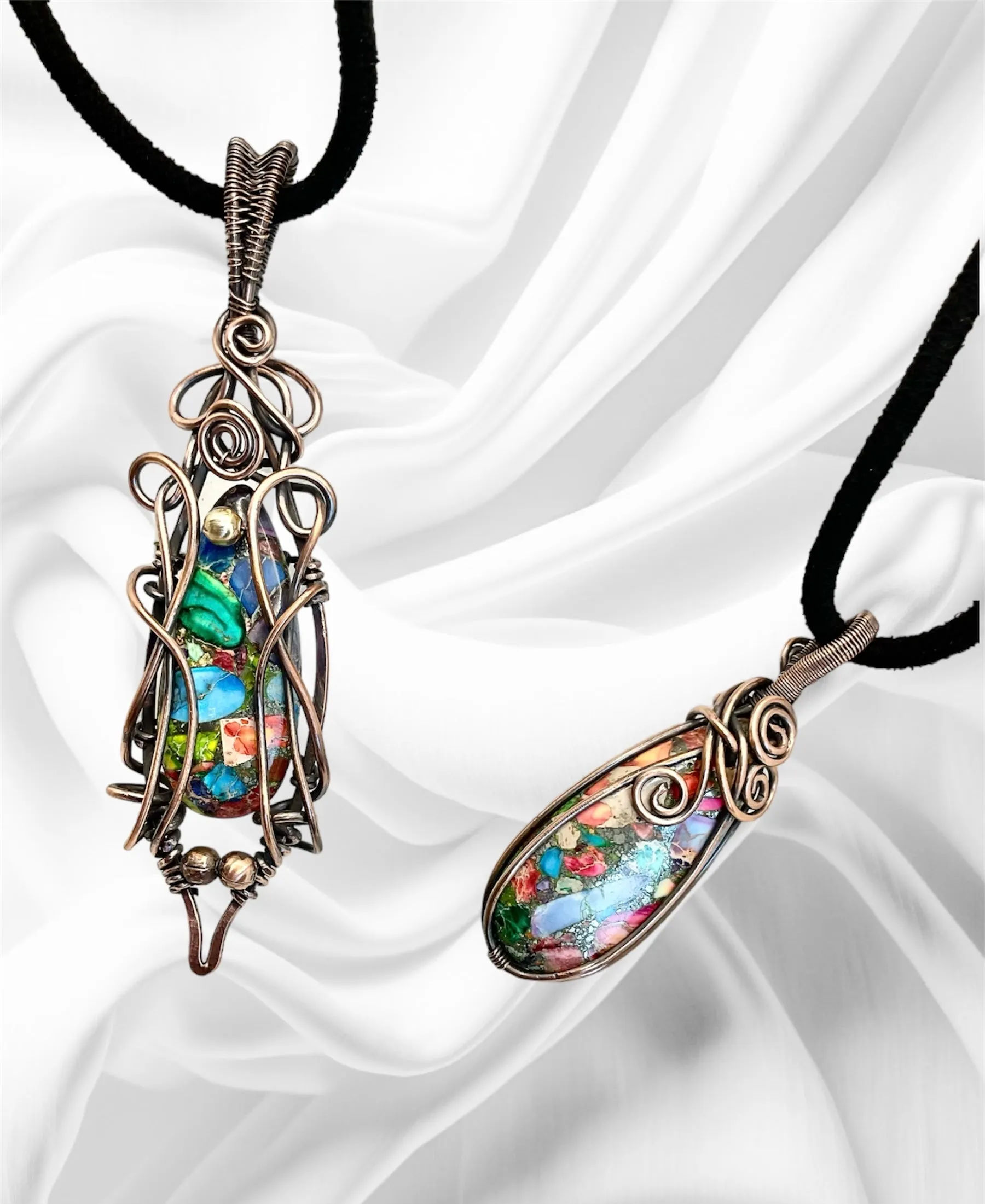 Sea Sediment Jasper & Pyrite Wire Wrapped Pendants