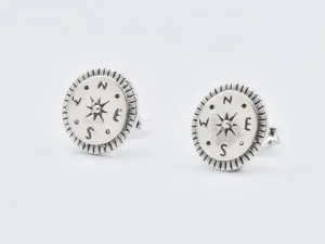 Silver Compass Earrings - NEWS Disc Studs - Round Everyday Earrings