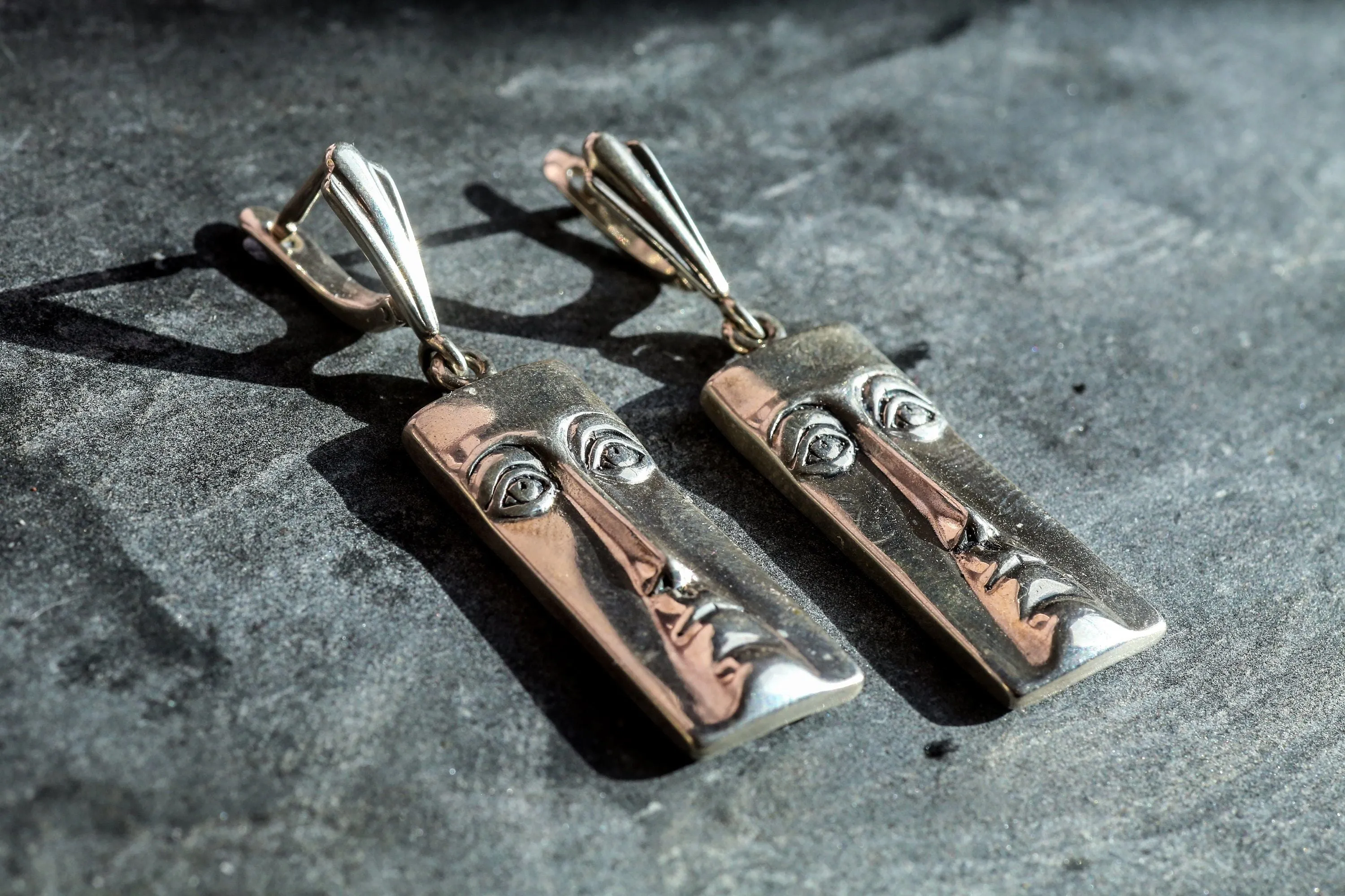 Silver Face Earrings - Long Dangling Earrings - Rectangle Heavy Earrings