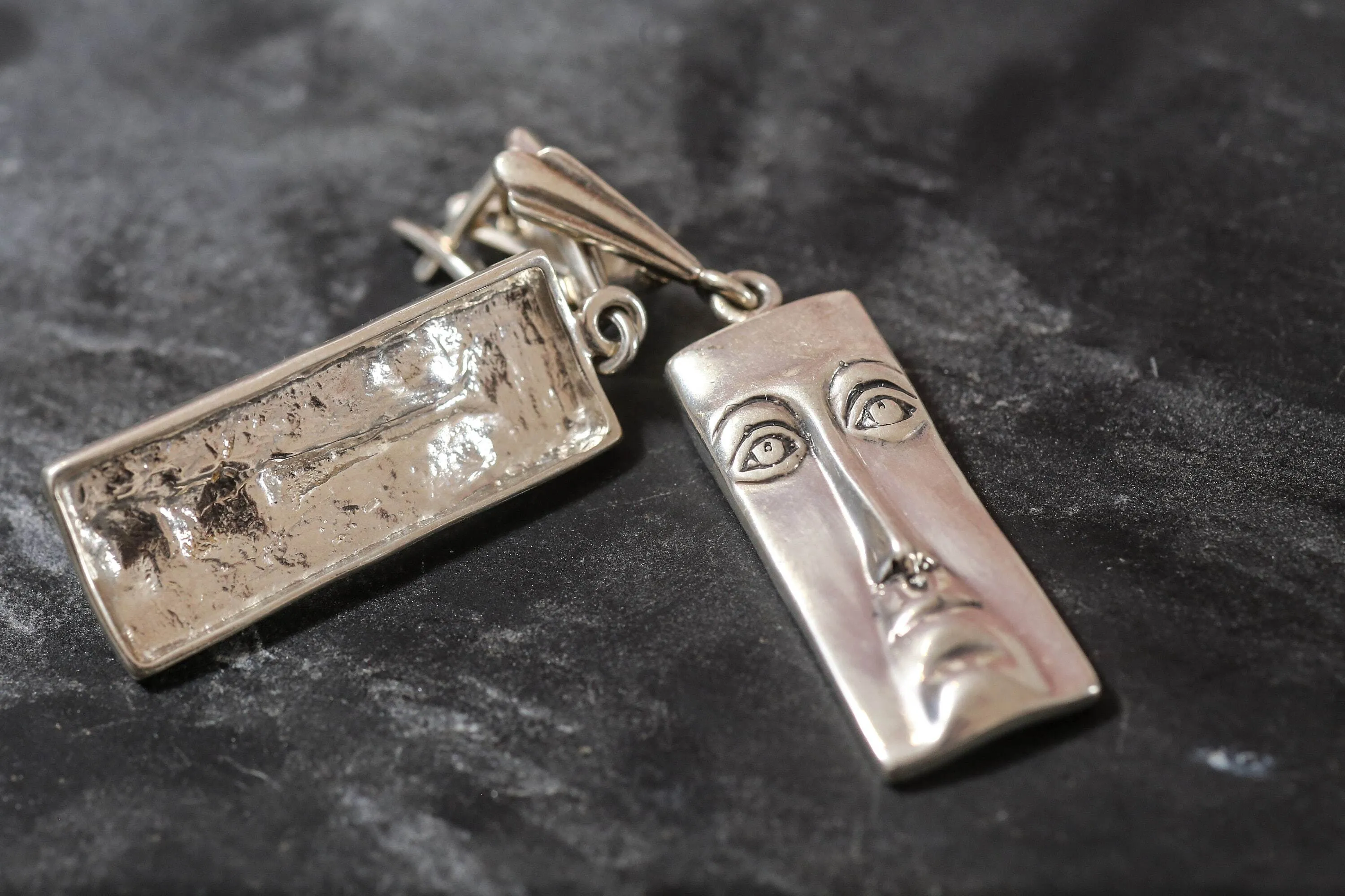 Silver Face Earrings - Long Dangling Earrings - Rectangle Heavy Earrings