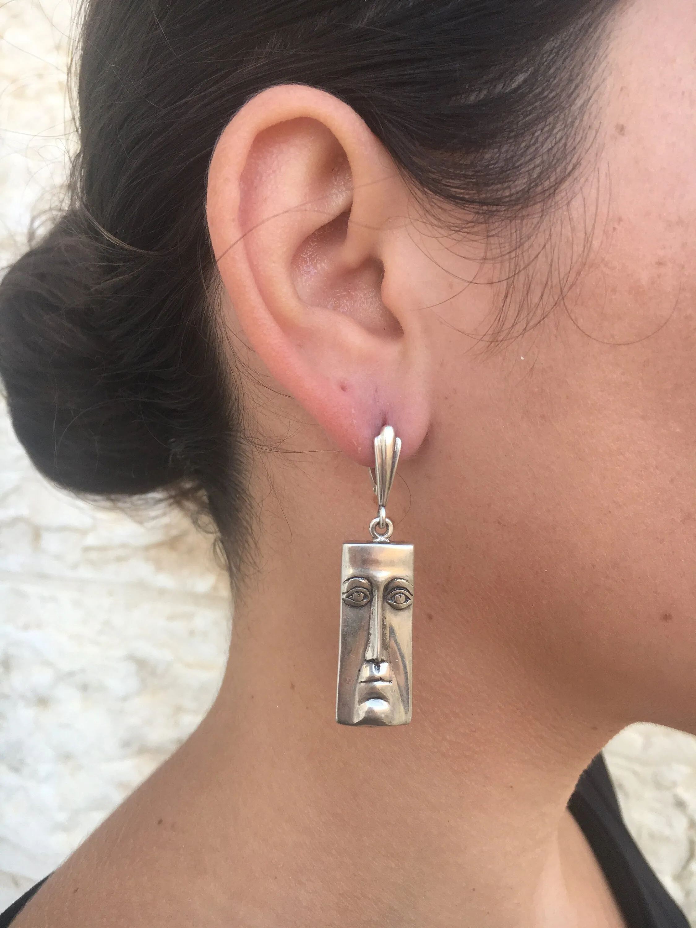 Silver Face Earrings - Long Dangling Earrings - Rectangle Heavy Earrings