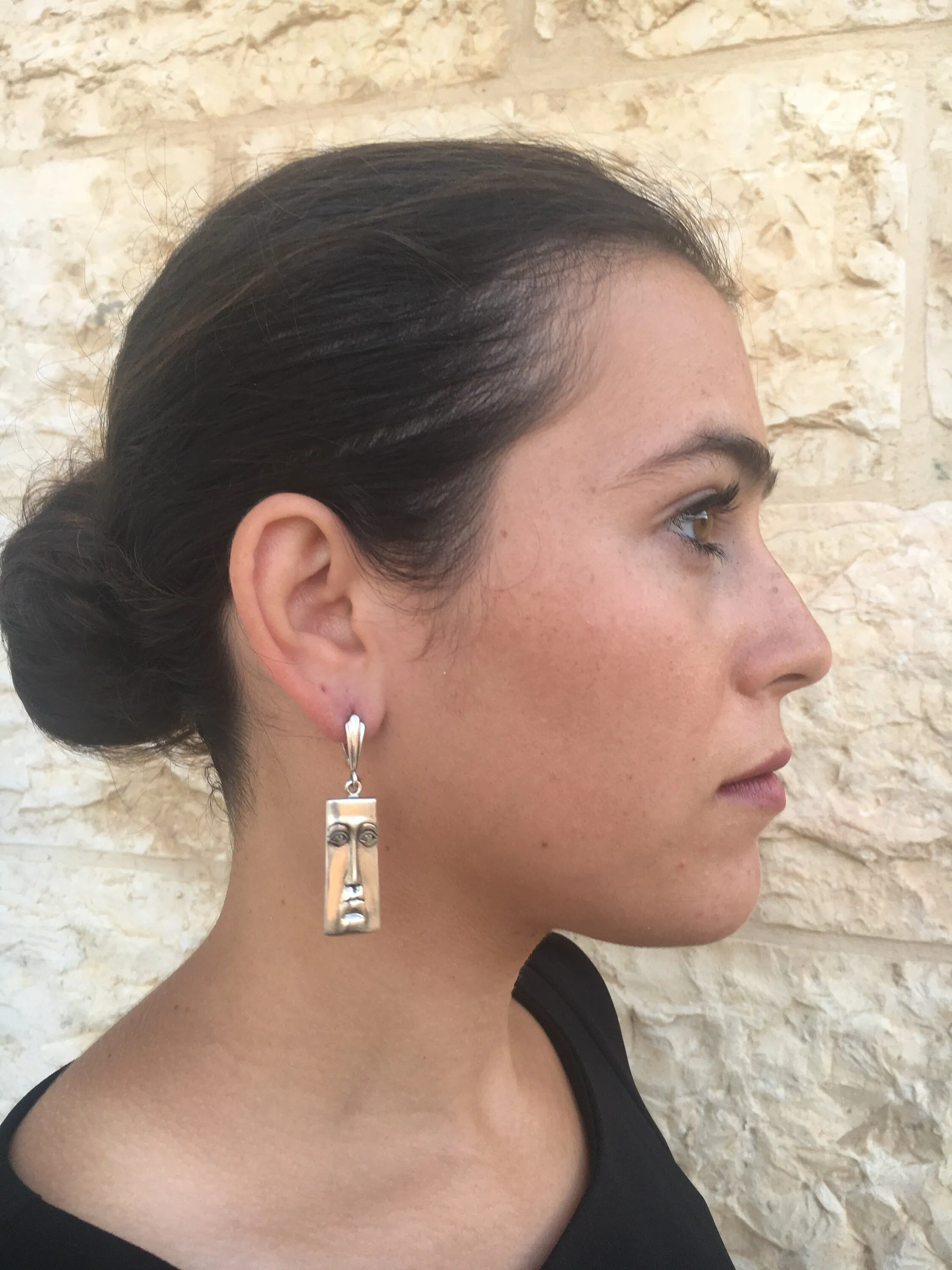 Silver Face Earrings - Long Dangling Earrings - Rectangle Heavy Earrings